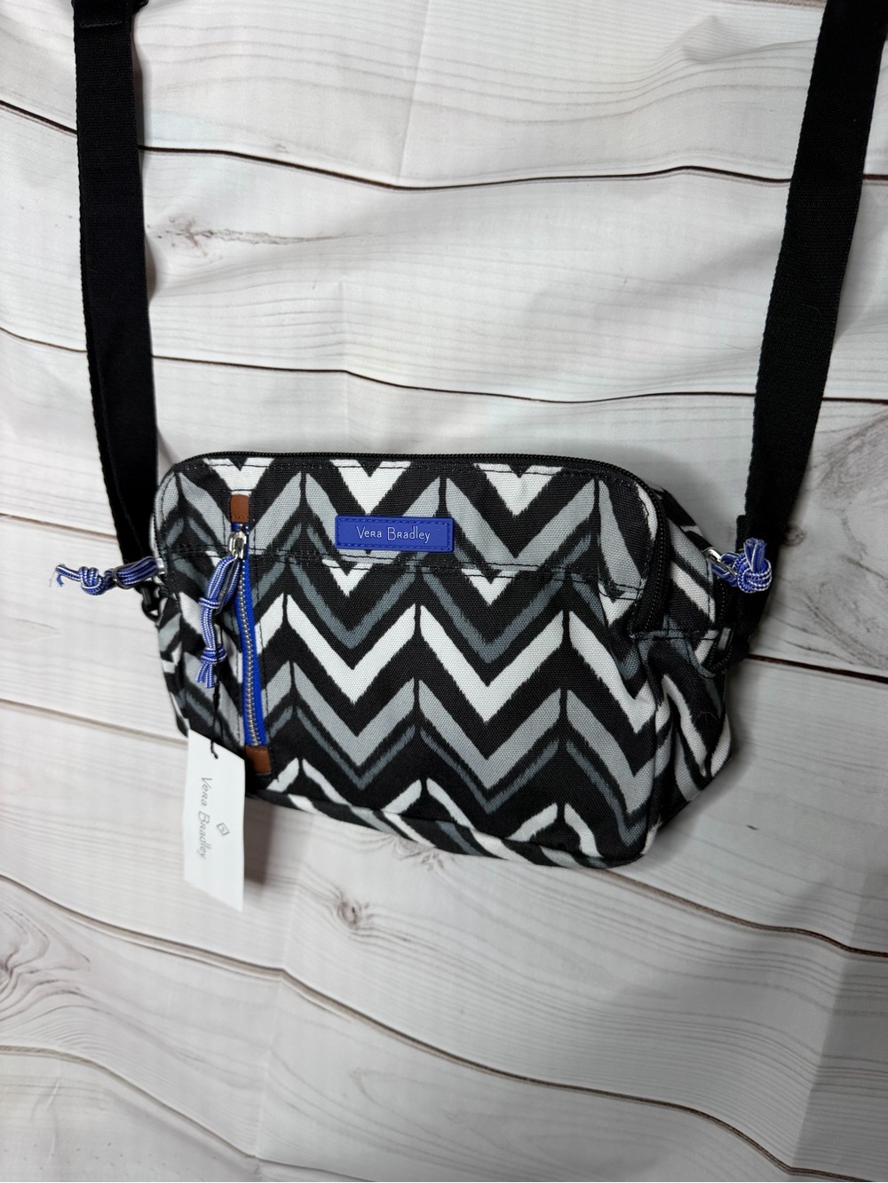 Vera Bradley Black & White Chevron Crossbody Pouch with Blue Accents